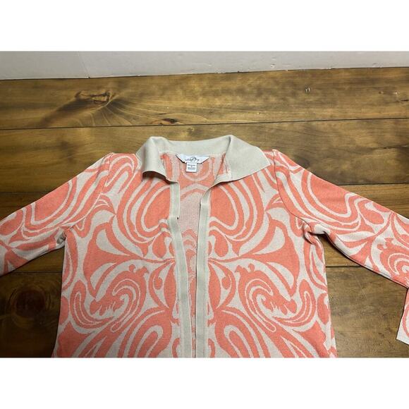Ming Wang Cardigan Sweater Size Small Tan Coral Print Open Front Knit - Picture 3 of 12